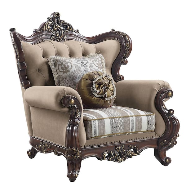 Acme Furniture Ragnar Light Brown Linen and Cherry Frame Chair with 2 Pillows