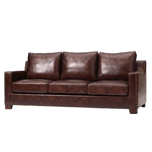 Home Decorators Collection Garrison 82 In Brown Faux Leather 3 Seater Sofa With Removable Covers 1600400820 The Depot Brown Faux Leather 3 Seater Sofa, Bonded Leather Sofa Cushion Covers