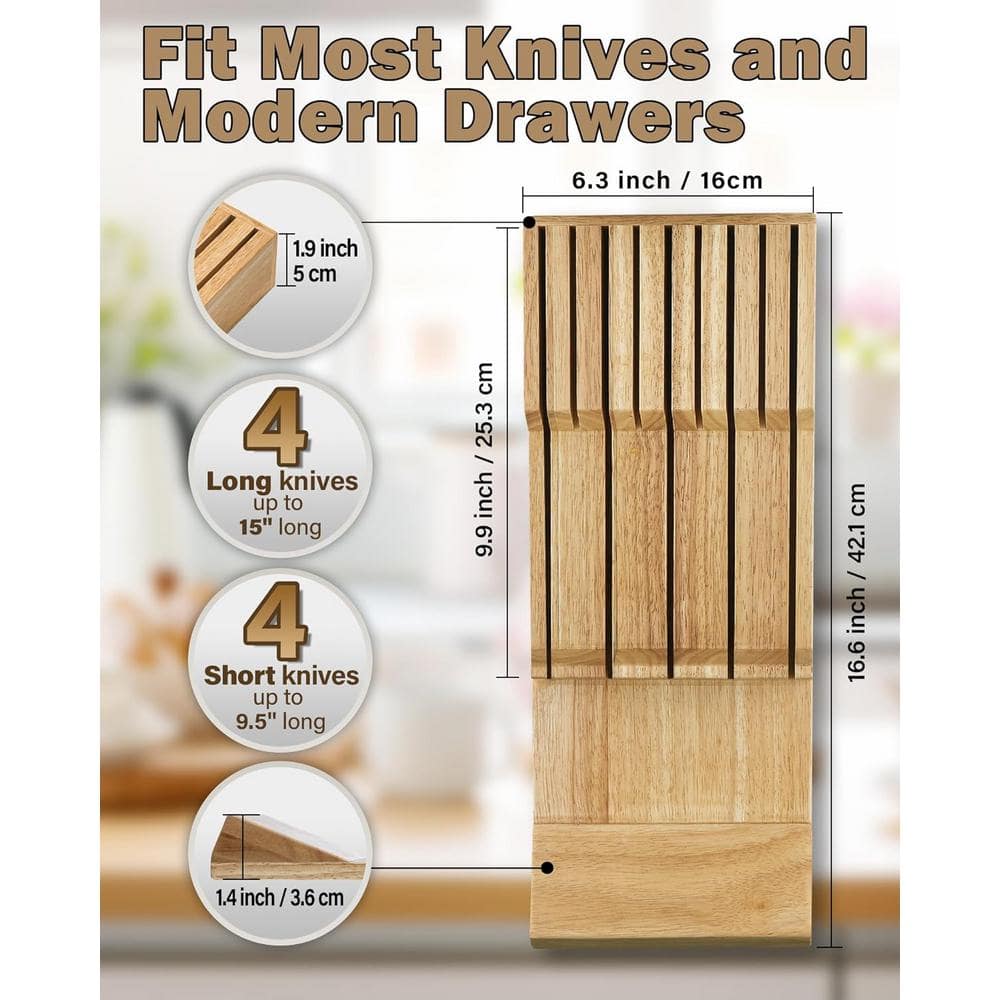 Natural Rubber Wood 18-Slot In-Drawer Knife Block Organizer