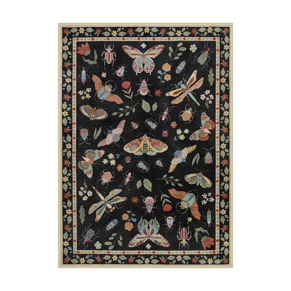 Washable Modern Insect Pattern Non Slip Black 5 ft. x 7 ft. Living Room/Bedroom Indoor Area Rug