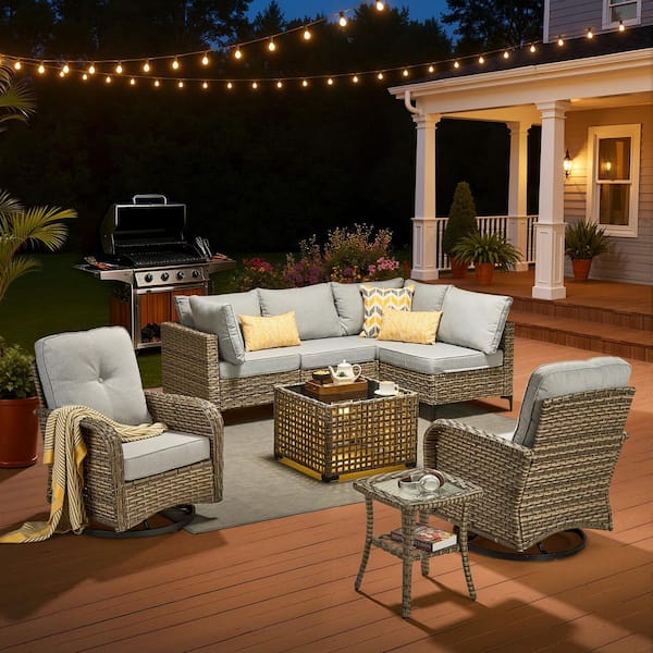 Solvoc Gray 8-Piece Wicker Outdoor Patio Conversation Set with Light Gray Cushion, Swivel Chair, Lights Coffee Table
