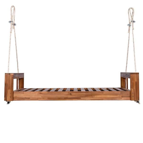 Twin Porch Swing Bed with Hemp Ropes, Outdoor Acacia Wooden Swing Frame, Lounger Seating Group Set for Garden, Natural