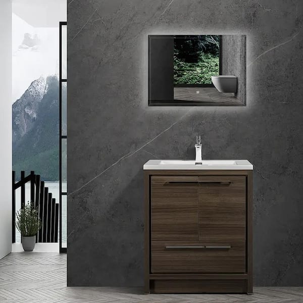 Unbranded 30 in. W x 20 in. D x 36 in. H Single Sink Freestanding Bathroom Vanity in Grey Oak with White Solid Surface Top