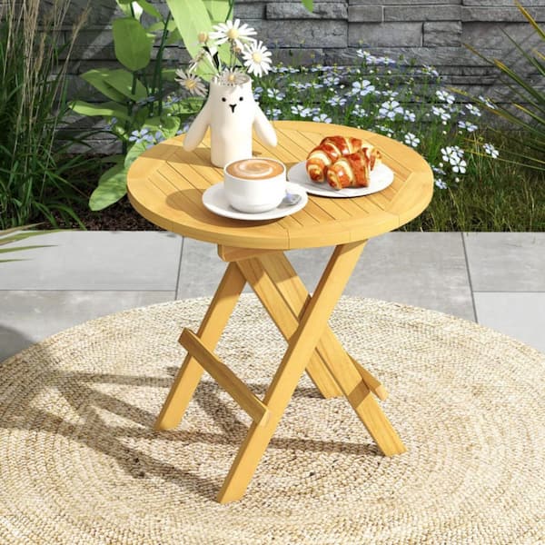 Kadehome 20 in. W Round Folding Teak Side Table Slatted Top End