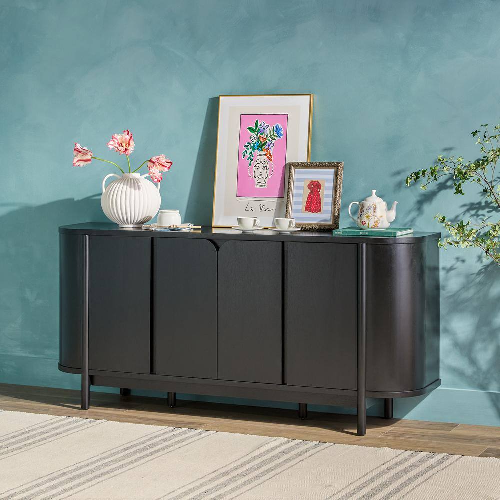 Ezra 70" Black Solid Wood Curved Sideboard Cabinet