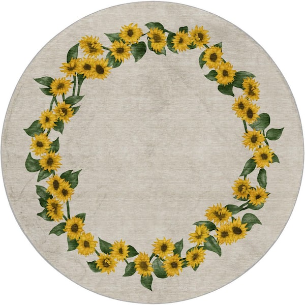 Dream Shag Premium Machine Washable Abstract ADS172 Yellow 8 ft. x 8 ft. Round Rug