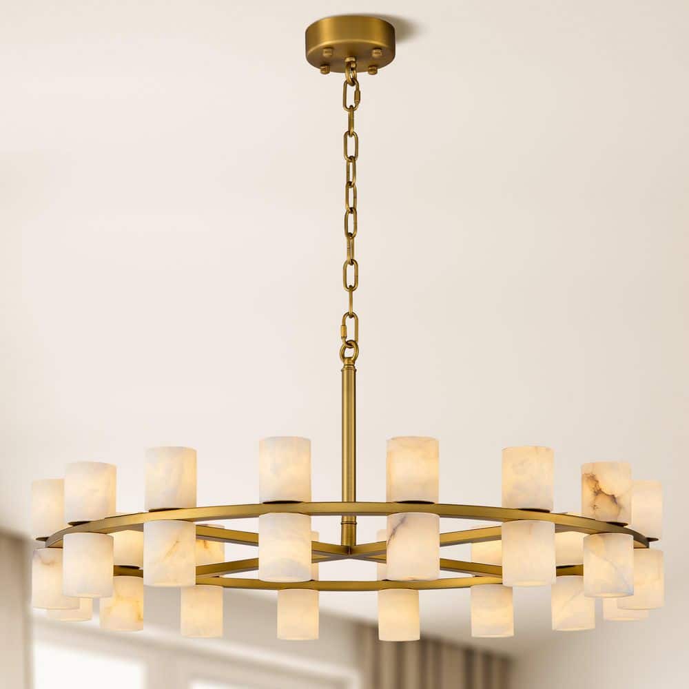 32 in. 32-Light Gold Round Chandelier, Modern Alabaster Chandelier for Dining Room, Living Room, Foyer price history on PriceWatchPro