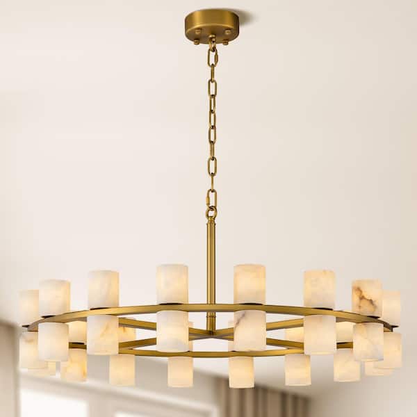 32 in. 32-Light Gold Round Chandelier, Modern Alabaster Chandelier for Dining Room, Living Room, Foyer