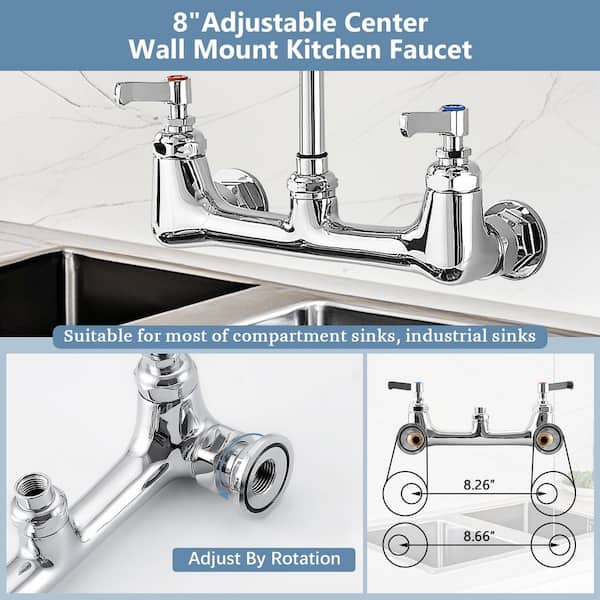Double Handle Commercial Pull Down Wall Mount Pre-Rinse Spray Standard Kitchen Faucet in Polished Chrome