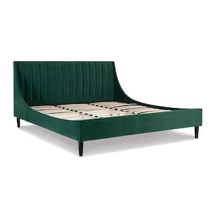 Aspen 75.5 in. Velvet Vertical Tufted Upholstered California King Modern Platform Bed Frame with Headboard in Evergreen