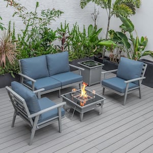 Walbrooke Grey 5-Piece Aluminum Square Patio Fire Pit Set with Navy Blue Cushions, Slats Design, Tank Holder