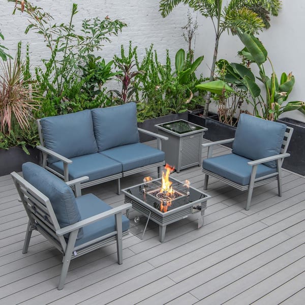 Leisuremod Walbrooke Grey 5-Piece Aluminum Square Patio Fire Pit Set with Navy Blue Cushions, Slats Design, Tank Holder