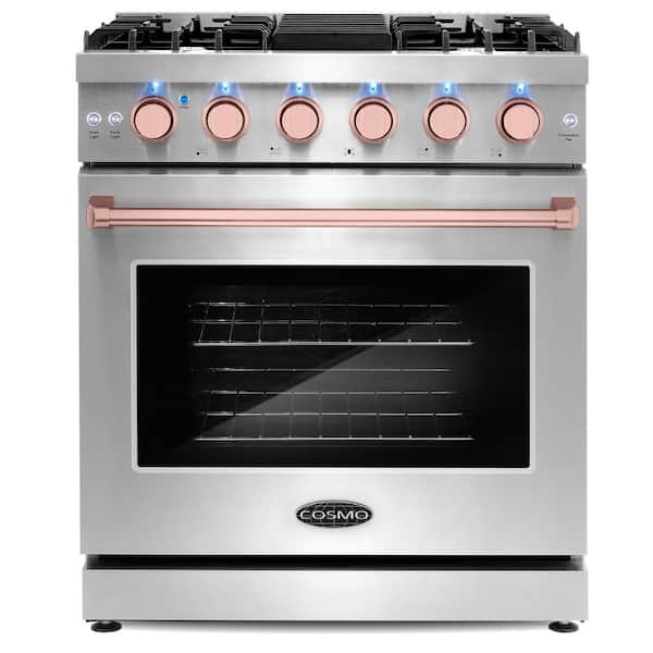 30 in. 4.5 cu. ft. Gas Range, 5 Sealed Burners, Convection Oven, Knob Lights, Stainless Steel, Rose Gold Handle Knob Kit