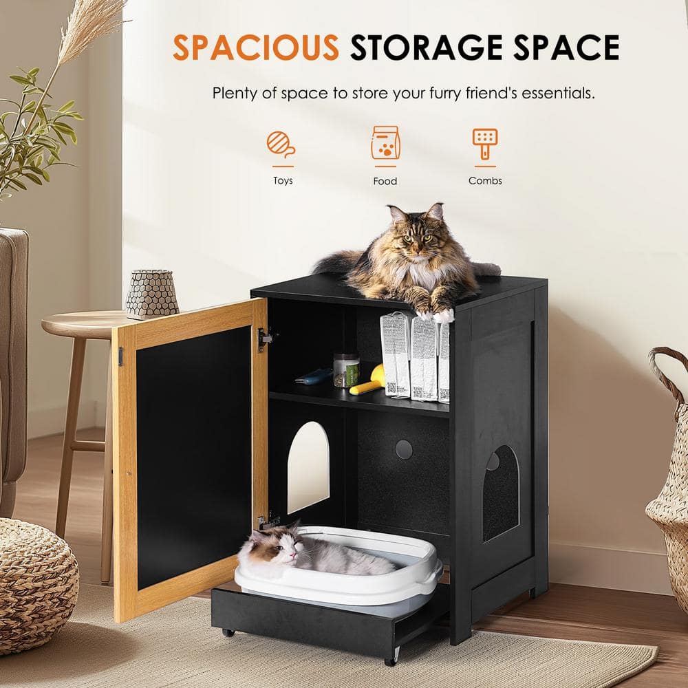 Black Particle Board Cat Litter Box Enclosure with Sisal Door