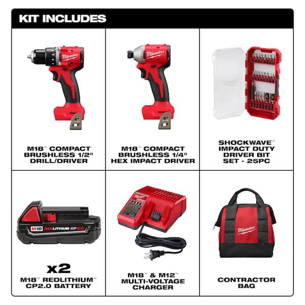 Milwaukee M18 18V Lith-Ion Brushless Cordless Compact Drill/Impact
