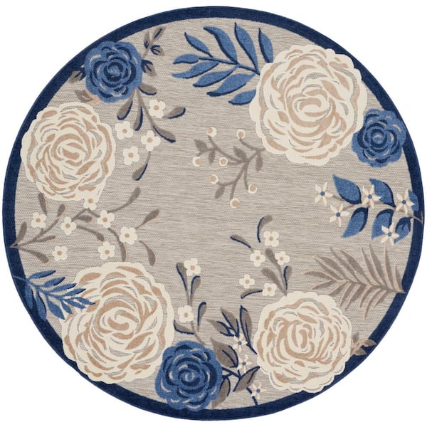 Aloha Blue Grey 8 ft. Round Floral Border Contemporary Indoor/Outdoor Patio Area Rug