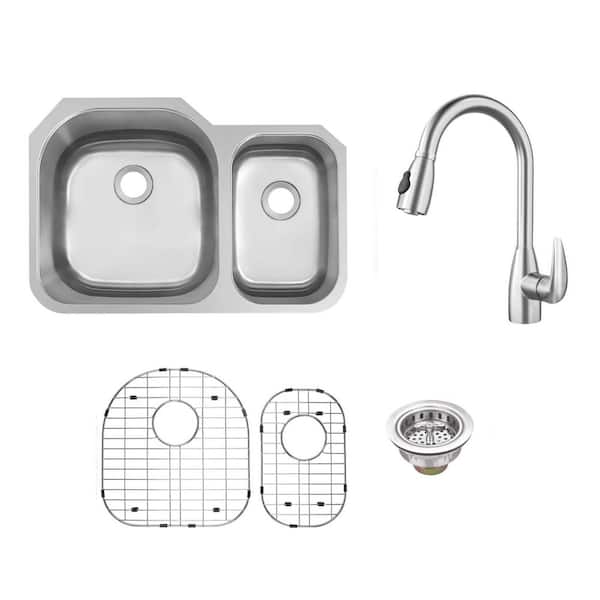 32 in. Undermount 70/30 Double Bowl 18 Gauge Stainless Steel Kitchen Sink with Pull Down Sprayer Kitchen Faucet