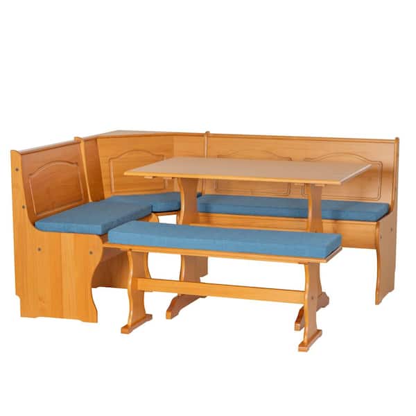 Zoe 4-Piece L-Shape Natural Wood Top Nook Dining Set with Blue Cushions Seats-5