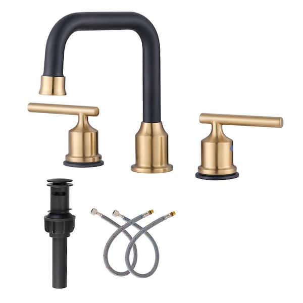 ARCORA 8 in. Widespread 2-Handle Bathroom Faucet with Pop Up Drain, 3 Hole Bathroom Sink Lavatory Faucet in Gold&Black