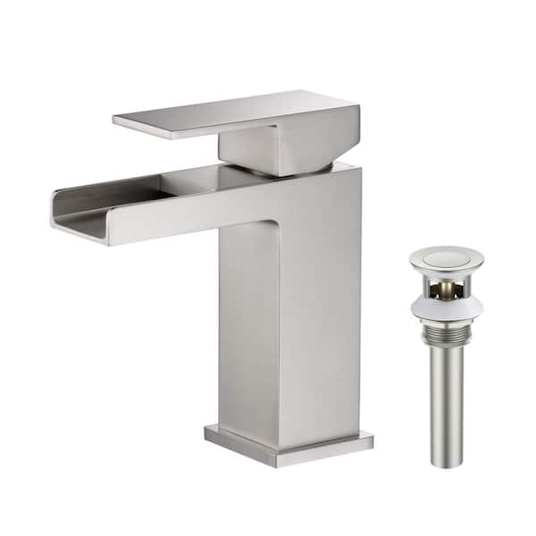 Single Hole Waterfall Single Handle Bathroom Vanity Sink Faucet with Pop Up Drain in Brushed Nickel