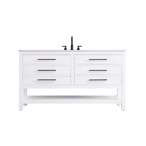 60 in. Single Sink White Bath Vanity with White Engineered Marble Top