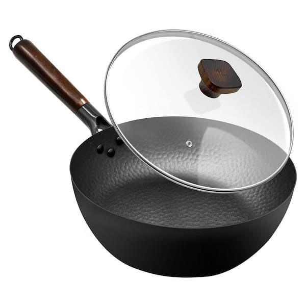 10 in. Iron Frying Pan Nonstick Carbon Steel Wok Skillet Glass Lid Deep Large Capacity for Electric Induction Gas Stoves