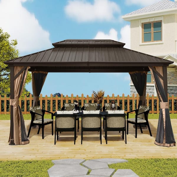 10 ft. x 12 ft. Bronze Brown Hardtop Gazebo, Aluminum Metal with Galvanized Steel Double Roof Canopy Curtain and Netting