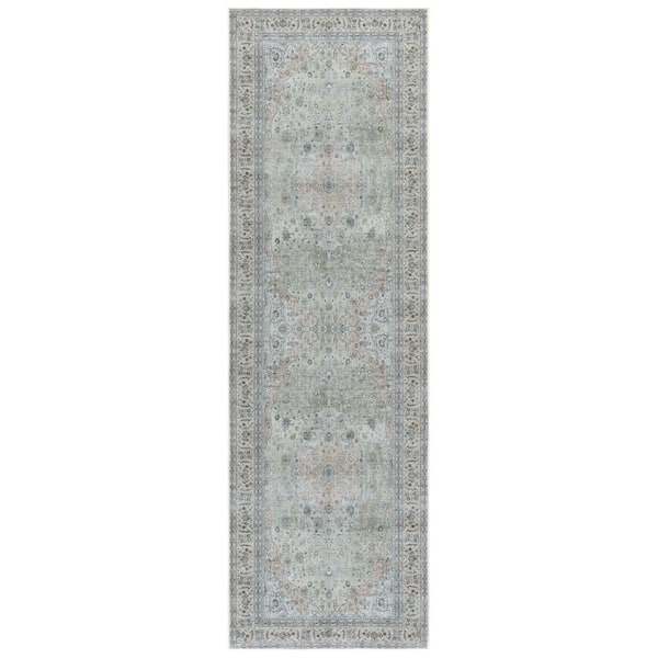 Tucson 3 ft. x 8 ft. Light Green/Beige Oriental Border Washable Runner Rug