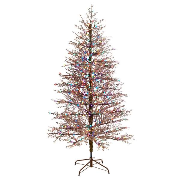 Nearly Natural 7 Ft Pre Lit Led Frosted Berry Twig Artificial Christmas Tree With 450 Multi Colored Gum Ball Lights T3258 The Home Depot