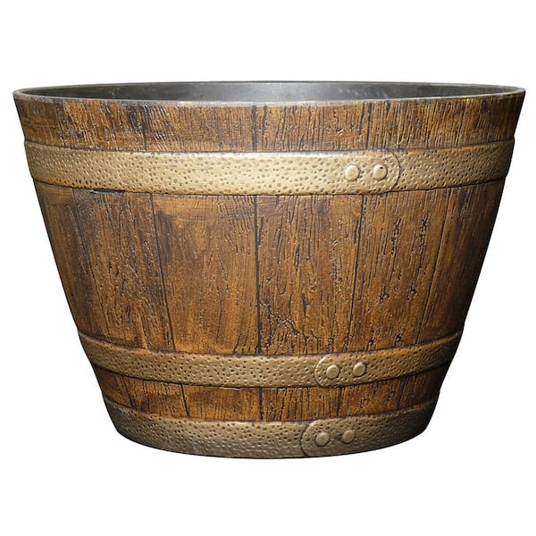 15 in. Dia x 10.15 in. H Oak Brown Plastic 5 Gallons Round Whiskey Barrel Planter