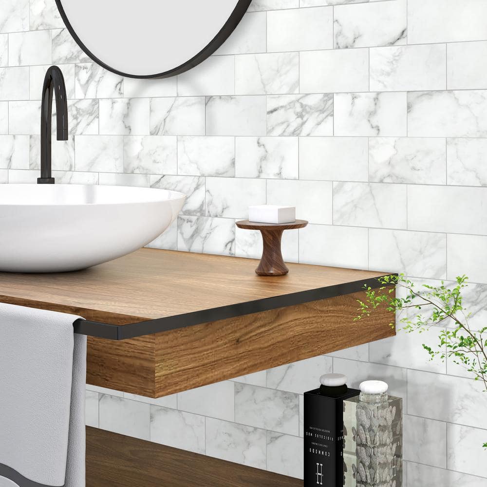 12'' x 12'' White Marble Peel and Stick Subway Tile