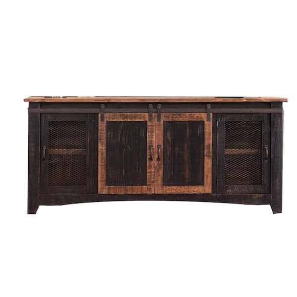 Benjara 78.75 in. Black and Brown Wood TV Stand Fits TVs up to 88 in. with 2 Mesh Doors