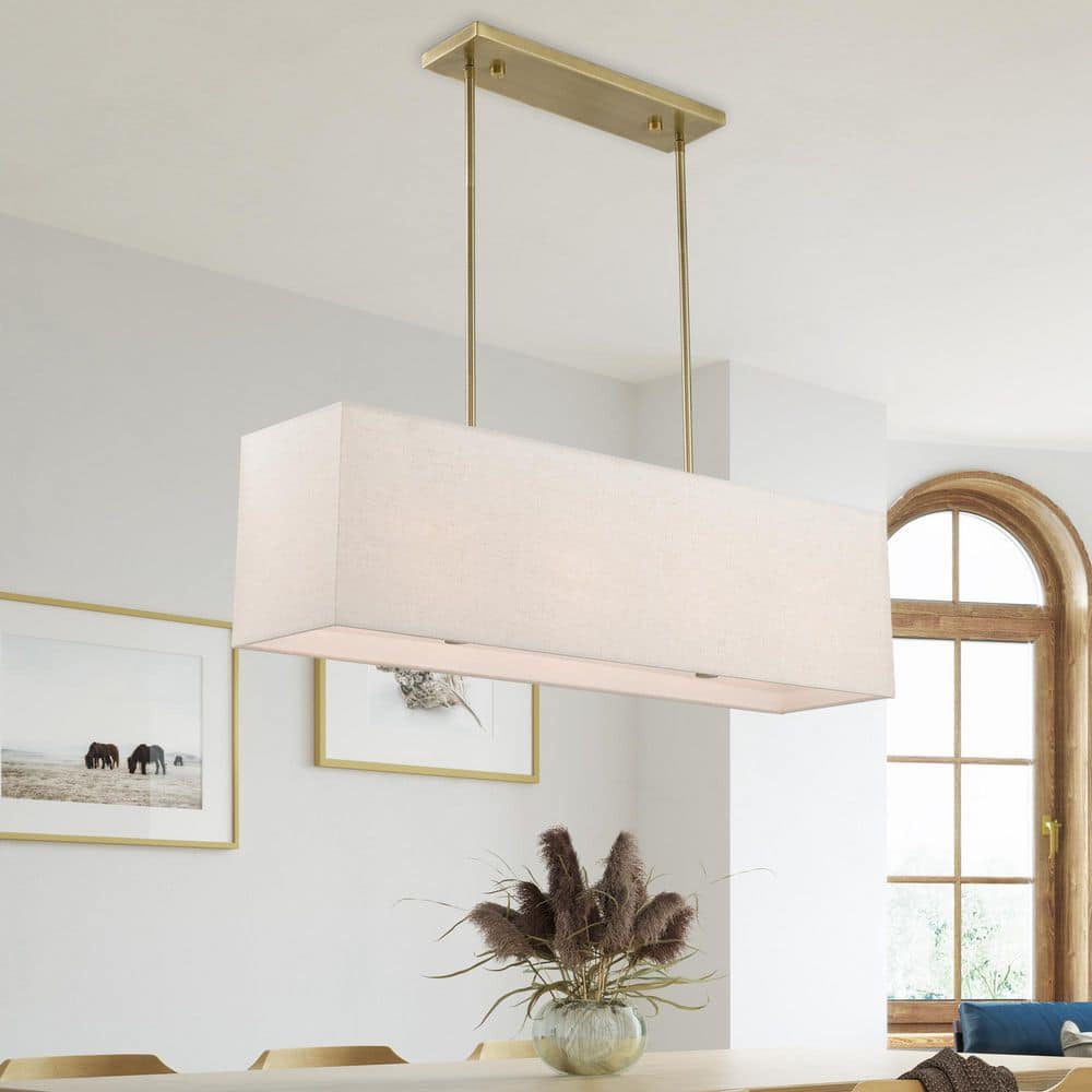 Antique Brass Linear Chandelier with Oatmeal Fabric Shade