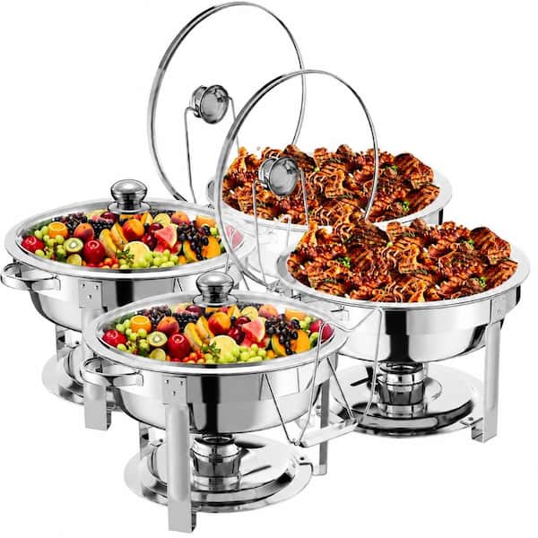 8 Qt. Silver Stainless Steel Round Chafing Dish Buffet Set with Glass Covers Value Pack of 4