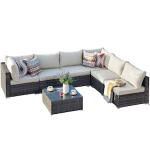 Gemini 7-Piece Wicker Outdoor Sectional Set with Beige Cushions