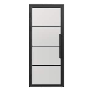 36 in. x 85 in. 4 Lite Frost Glass Black Steel Frame Prehung Interior Door with Door Handle
