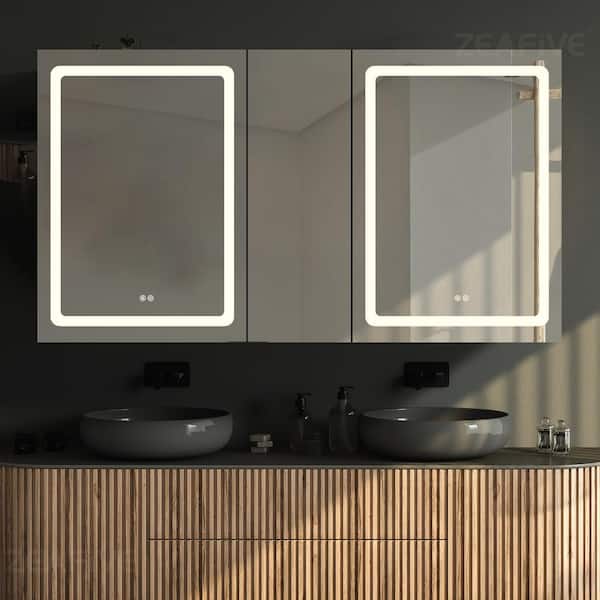 Zeafive 50 in. W x 30 in. H Rectangular White Aluminum Surface Mount Anti-Fog Lighted Medicine Cabinet with Mirror for Bathroom