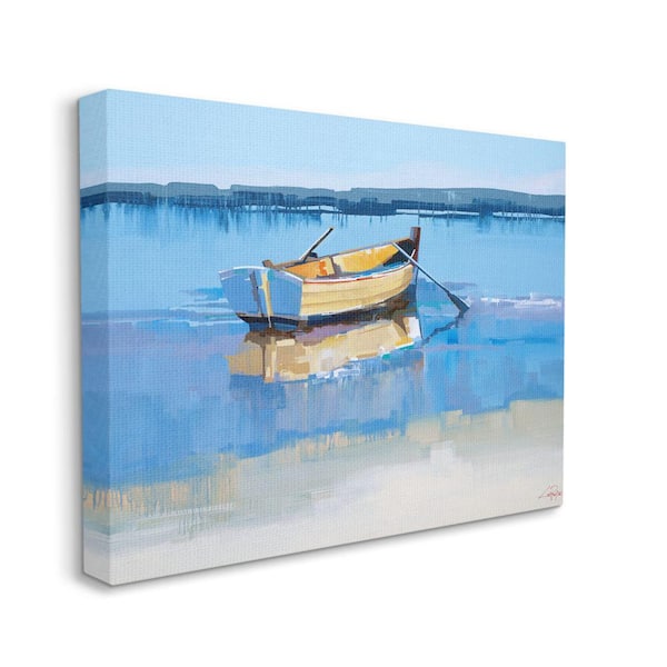 Stupell Industries Row Boat on Blue Coastal Shore Beach Landscape By Craig Trewin Penny Unframed Print Nature Wall Art 16 in. x 20 in.
