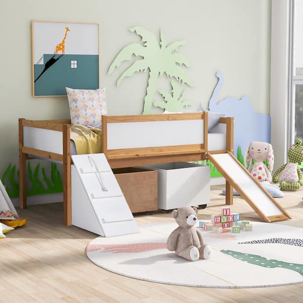 GODEER Natural Twin Low Loft Bed Wooden Bed with 2-Storage Boxes