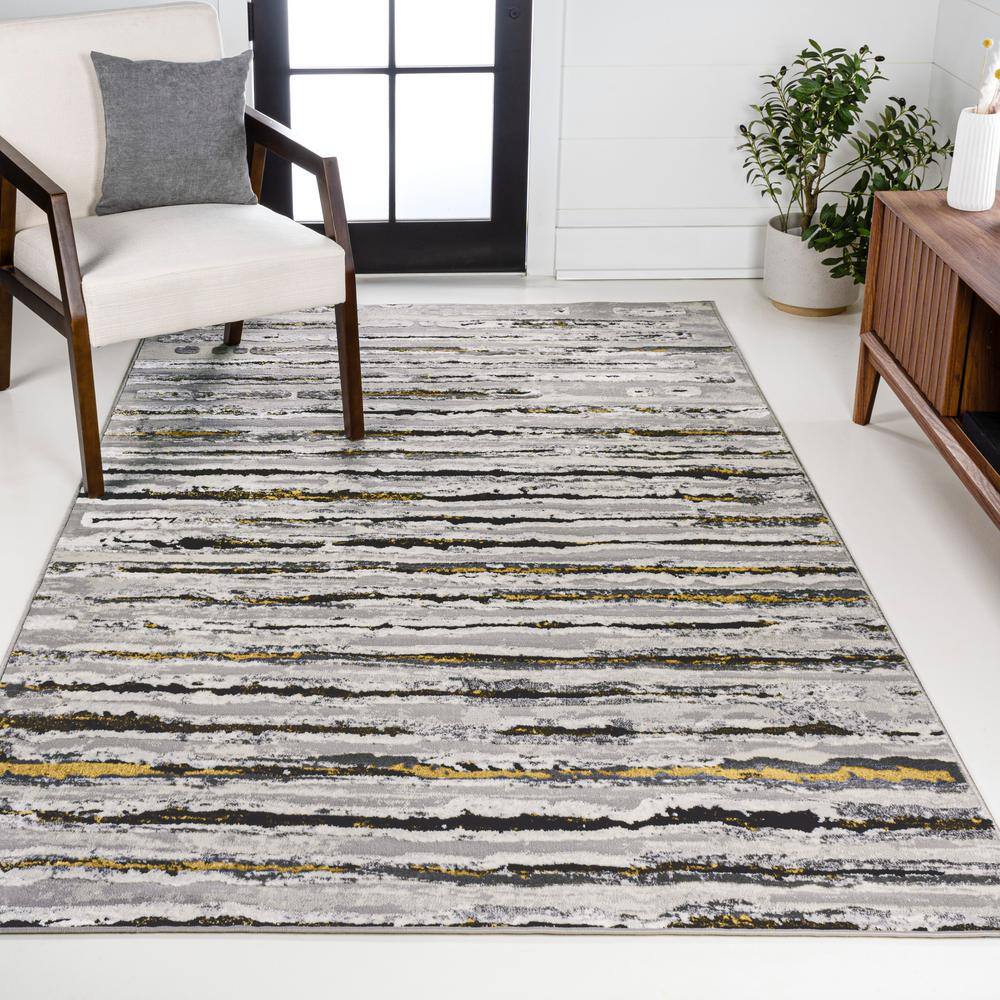Gray and Black Modern Stripe Synthetic Area Rug