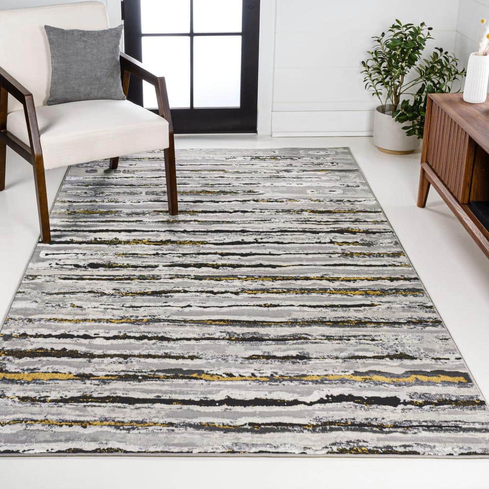 Gray and Black Rectangular Synthetic Stripe Area Rug, 8' x 10'