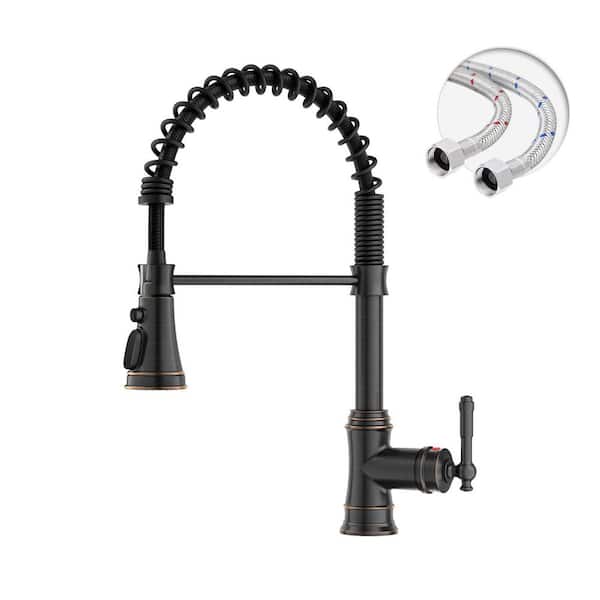 Spring Single Handle Pull-Down Sprayer Kitchen Faucet Deckplate Included in Oil Rubbed Bronze