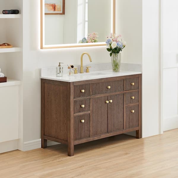 Cerrito 48 in. Single Sink Freestanding Brown Oak Bath Vanity with Grain White Engineered Stone Top Assembled