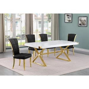 Miguel 5-Piece Rectangle White Wood Top Gold Stainless Steel Dining Set with 4 Black Velvet Chairs
