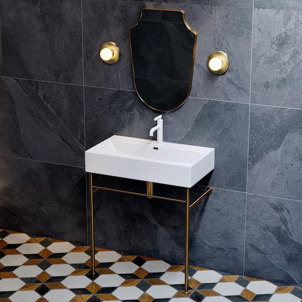 Swiss Madison Claire 30 in. Ceramic Console Sink Basin in White with Brushed Gold Legs