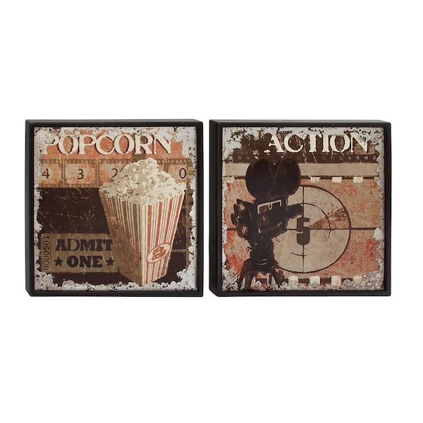 Litton Lane Cypress Wood and PVC Multicolor Black Framed Vintage Popcorn and Action Graphics Wall Art (Set of 2)