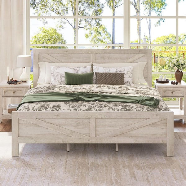 Vess Rustic White Engineered Wood Frame King Size Platform Bed with Headboard, Footboard, and Under Bed Storage