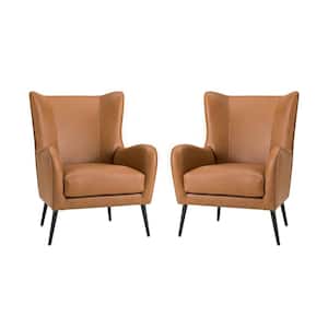 Harpocrates Modern Camel Wooden Upholstered Nailhead Trims Armchair With Metal Legs Set of 2