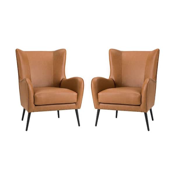 JAYDEN CREATION Harpocrates Modern Camel Wooden Upholstered Nailhead Trims Armchair With Metal Legs Set of 2