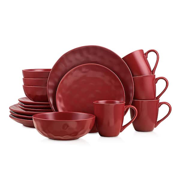 STONE LAIN 16-Piece Sam Red Porcelain Collection Round Dinnerware Set (Service for 4)